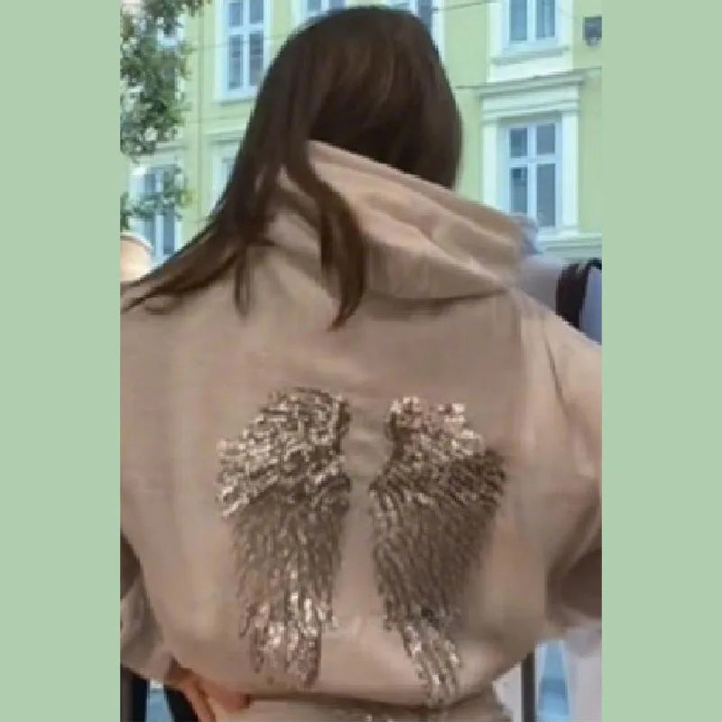 Women's Shinny Sequin Angel Wings Hooded Jacket Pant Long Sleeve Loose Casual Hooded Pullover 2025 New Lady Y2K Autumn Outwears