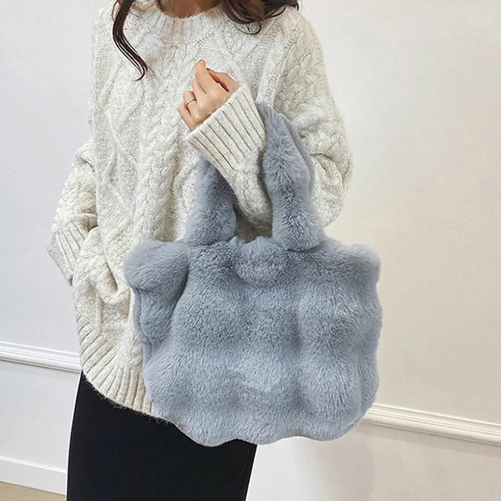 Women Plush Shoulder Bag Fluffy Handbag Large Capacity Casual Commuting Bag Furry Carrying Bag Soft Shopper Bag