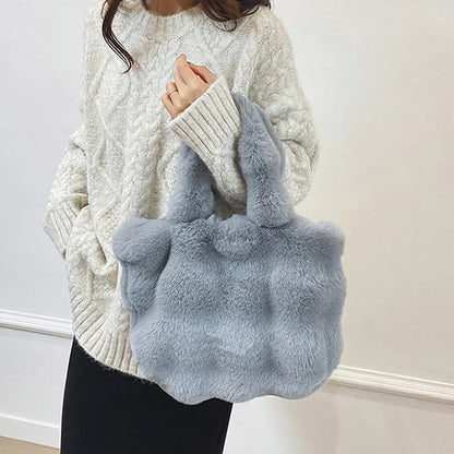 Women Plush Shoulder Bag Fluffy Handbag Large Capacity Casual Commuting Bag Furry Carrying Bag Soft Shopper Bag