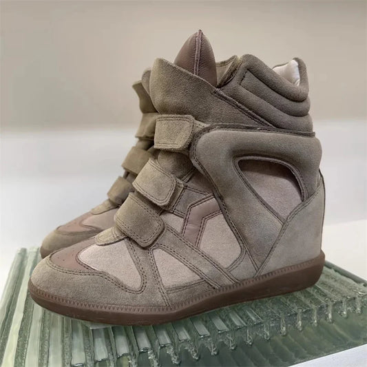 Women's High-top Shoes Suede Leather Casual Wedge Boots Flat Sneakers Hook Loop Heightening Shoes Luxury Short Botas Femininas