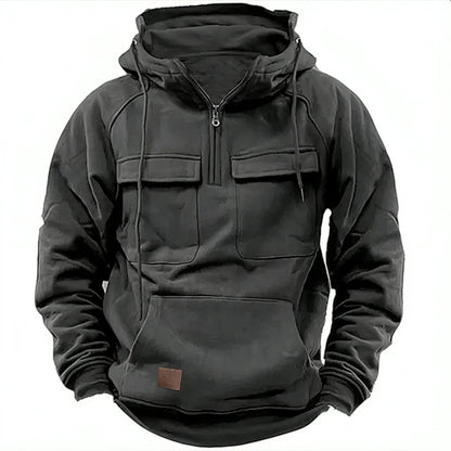 New autumn-winter men's hooded solid-color casual hoodie - fashionable young man's multi-pocket patch hoodie pullover shirt