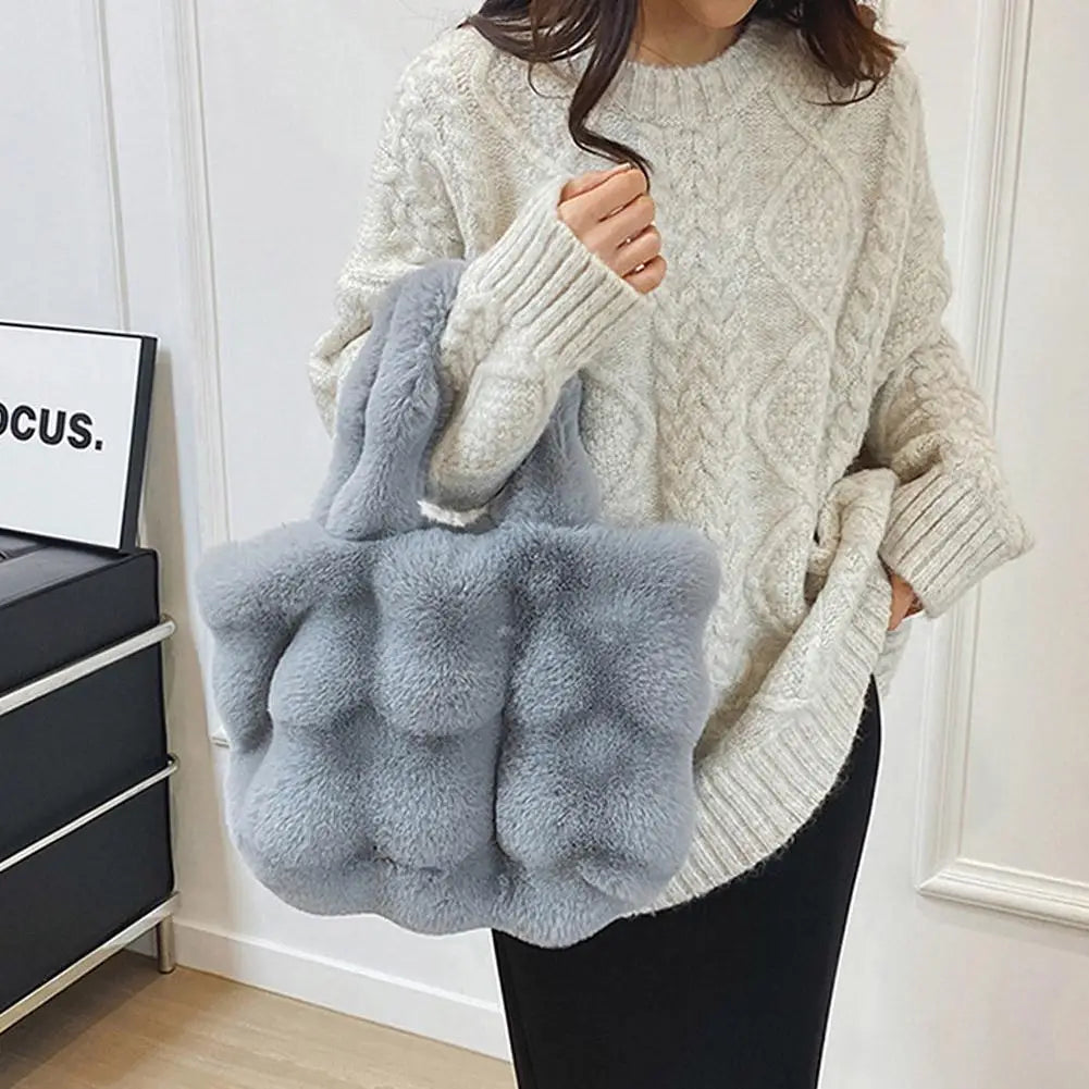 Women Plush Shoulder Bag Fluffy Handbag Large Capacity Casual Commuting Bag Furry Carrying Bag Soft Shopper Bag