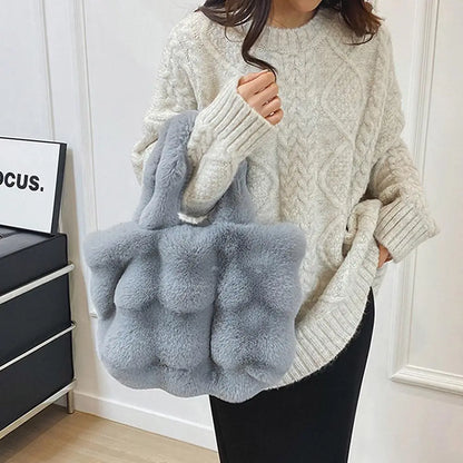 Women Plush Shoulder Bag Fluffy Handbag Large Capacity Casual Commuting Bag Furry Carrying Bag Soft Shopper Bag