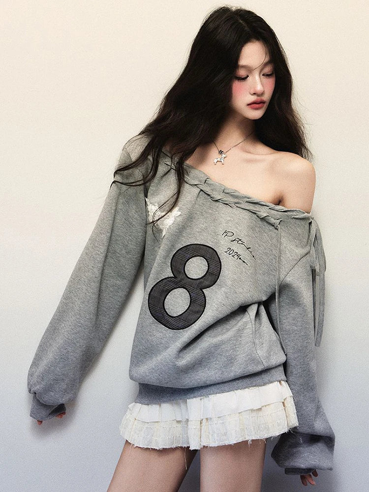 Jmprs Y2K Streetwear Gray Sweatshirts Women Off Shoulder Loose Letter Pullovers Harajuku Retro Female Casual American Tops New