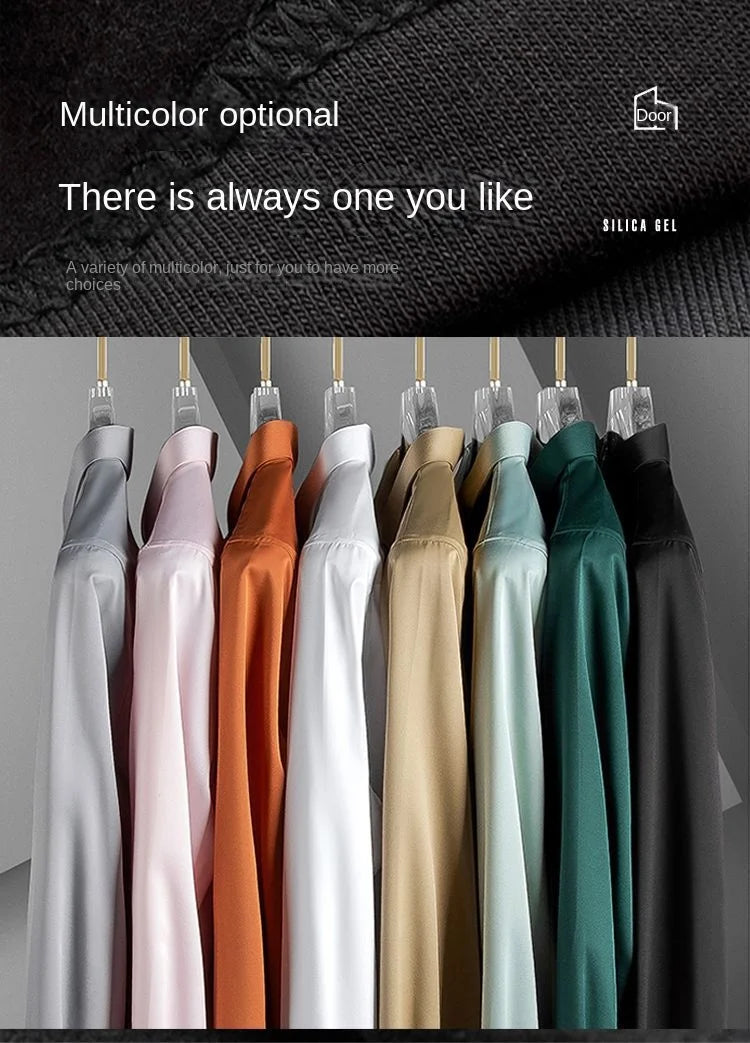 S-6XL Men's Long Sleeve Shirt Luxury Wrinkle Resistant Pure White Shirt Business Dress Casual Ice Silk Glossy Shirt