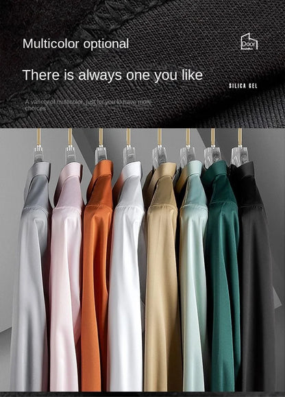 S-6XL Men's Long Sleeve Shirt Luxury Wrinkle Resistant Pure White Shirt Business Dress Casual Ice Silk Glossy Shirt