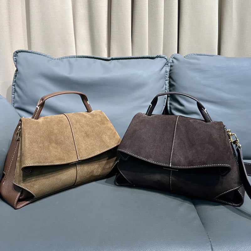 Women Frosted Handbag High-end Suede Flap French Shoulder Bag Luxury Trapezoidal House Shape Bag Messenger Bag Commuter Tote Bag