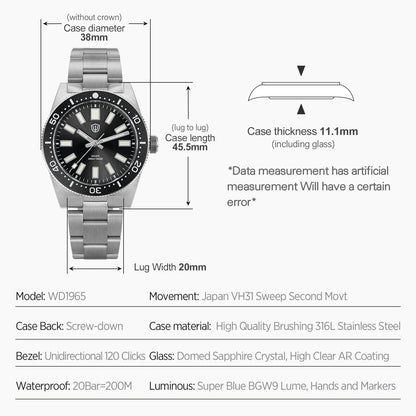 Watchdives WD1965 Luxury Men's Watch VH31 Sweep Second Quartz Movement 38mm Watch Night Light 20Bar Waterproof Watches