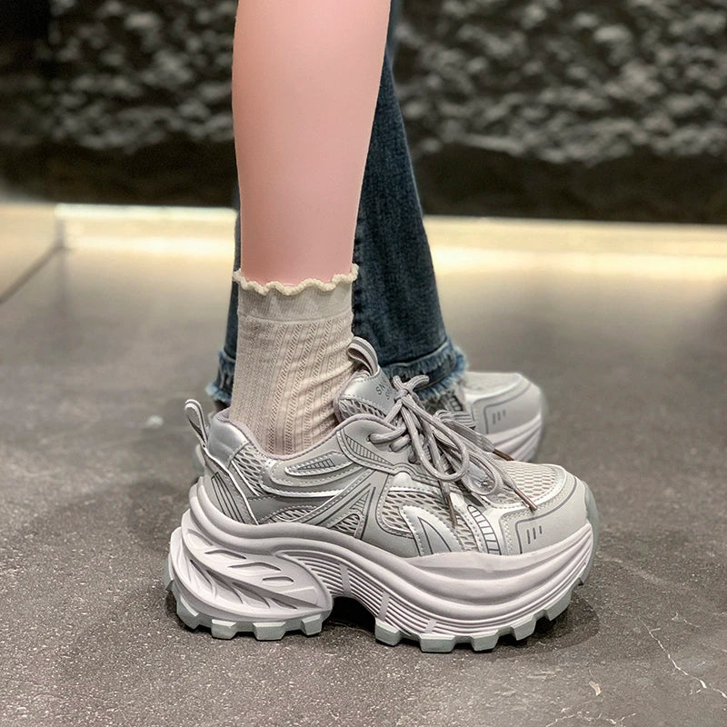 8.5CM Mesh Microfiber Leather Casual Shoes New 2026 Spring Women Chunky Sneakers High Platform Outdoor Sports Dad Shoes Woman