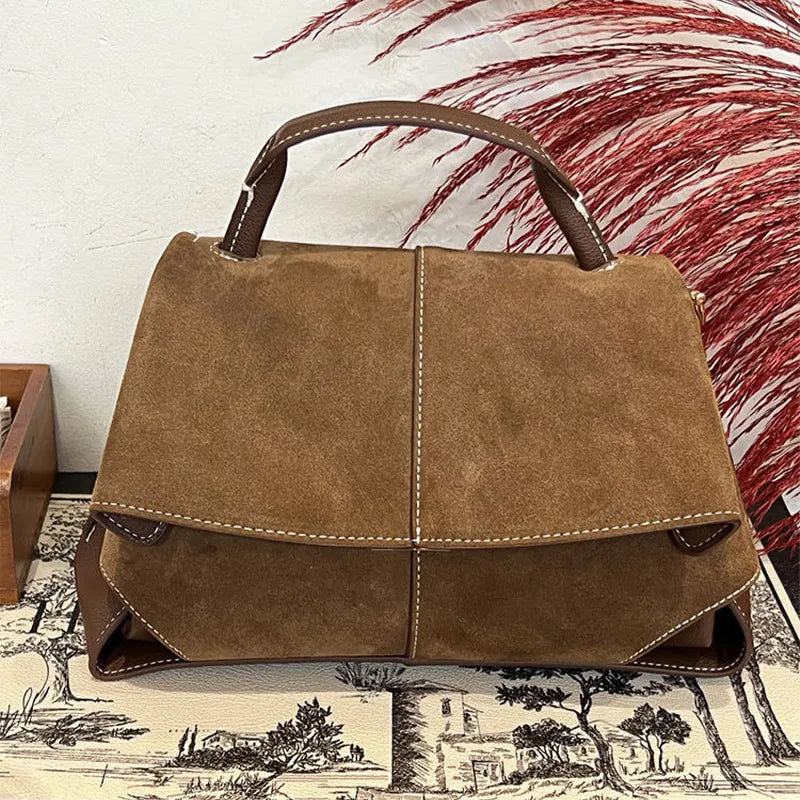 Women Frosted Handbag High-end Suede Flap French Shoulder Bag Luxury Trapezoidal House Shape Bag Messenger Bag Commuter Tote Bag