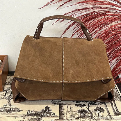 Women Frosted Handbag High-end Suede Flap French Shoulder Bag Luxury Trapezoidal House Shape Bag Messenger Bag Commuter Tote Bag