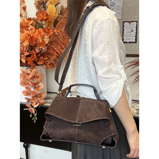 Women Frosted Handbag High-end Suede Flap French Shoulder Bag Luxury Trapezoidal House Shape Bag Messenger Bag Commuter Tote Bag