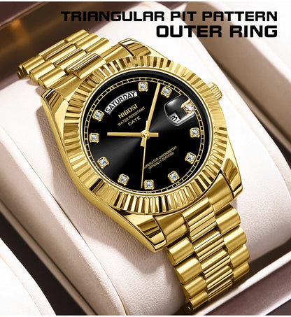 NIBOSI Mens Watches Top Brand Luxury Gold Diamonds Classic Watch Men Auto Week Date Watch Waterproof Stainless Steel Wristwatch