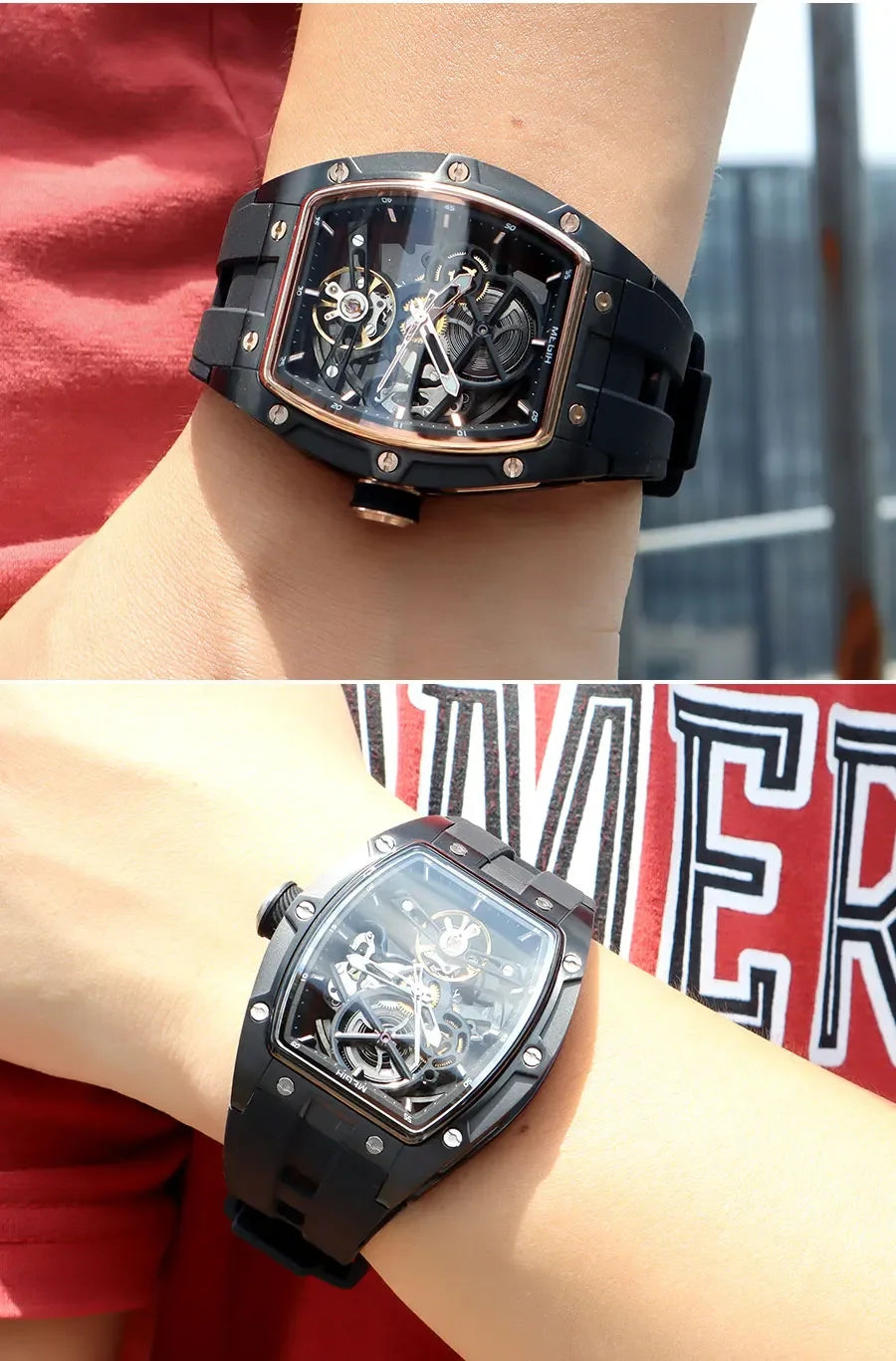 MEGIR Men's Automatic Mechanical Watch with Stainless Steel Case Silicone Band Skeleton Dial Waterproof Sport Wristwatch