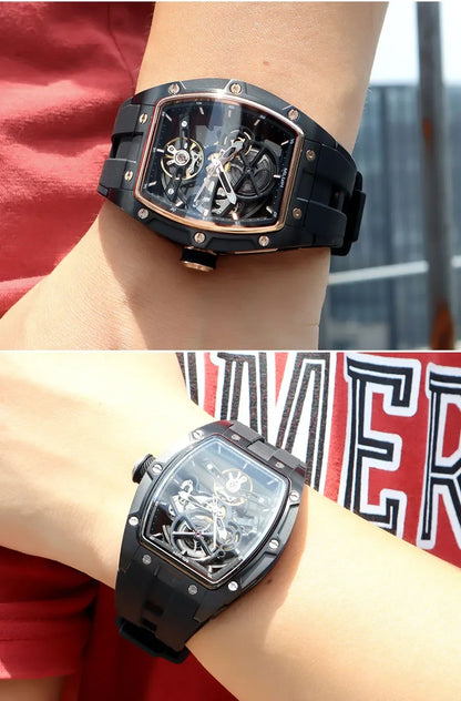 MEGIR Men's Automatic Mechanical Watch with Stainless Steel Case Silicone Band Skeleton Dial Waterproof Sport Wristwatch