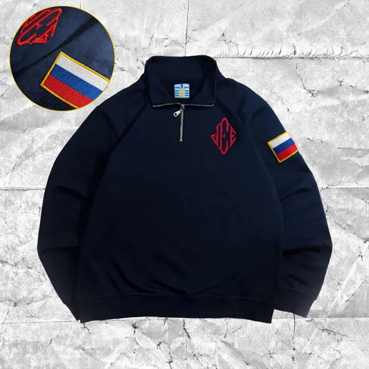 Russia Retro Y2K Harajuku Embroidery Pullover Quarterzip Stand Collar Polo Shirt Sweatshirt Casual Men Clotheing