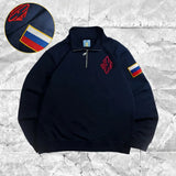 Russia Retro Y2K Harajuku Embroidery Pullover Quarterzip Stand Collar Polo Shirt Sweatshirt Casual Men Clotheing