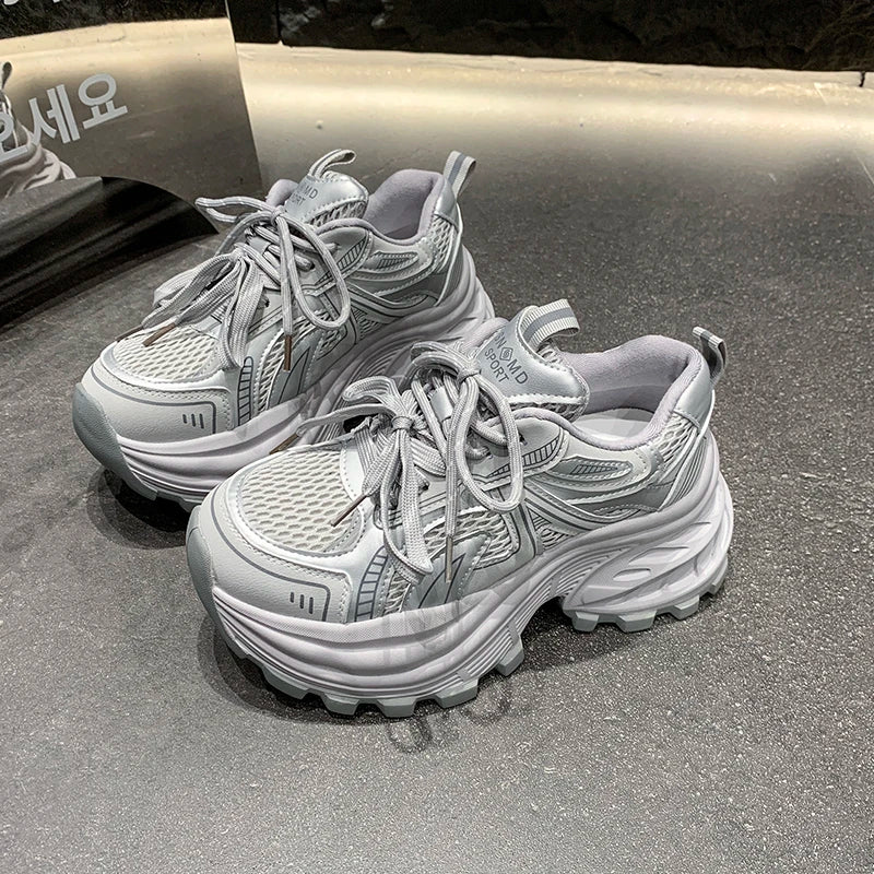 8.5CM Mesh Microfiber Leather Casual Shoes New 2026 Spring Women Chunky Sneakers High Platform Outdoor Sports Dad Shoes Woman