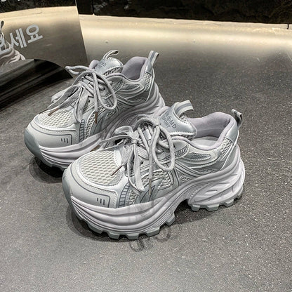 8.5CM Mesh Microfiber Leather Casual Shoes New 2026 Spring Women Chunky Sneakers High Platform Outdoor Sports Dad Shoes Woman