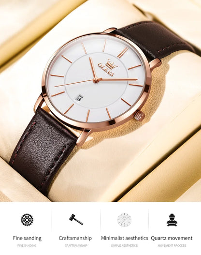 Top Brand OLEVS Ultra Thin 6.5mm Minimalist Fashion Quartz Watch for Men Leather Strap Auto Date Male Waterproof Mens Wristwatch