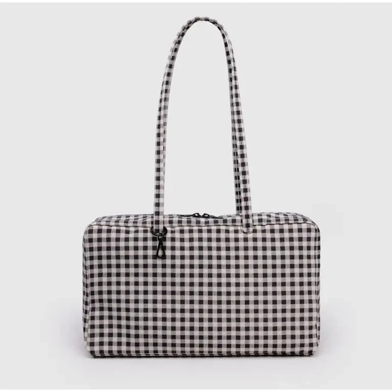 Simple Large-capacity Square Shoulder Bag Fashion Plaid Nylon Handbag Durable Canvas Material Travel Bag Daily Use Storage Bag