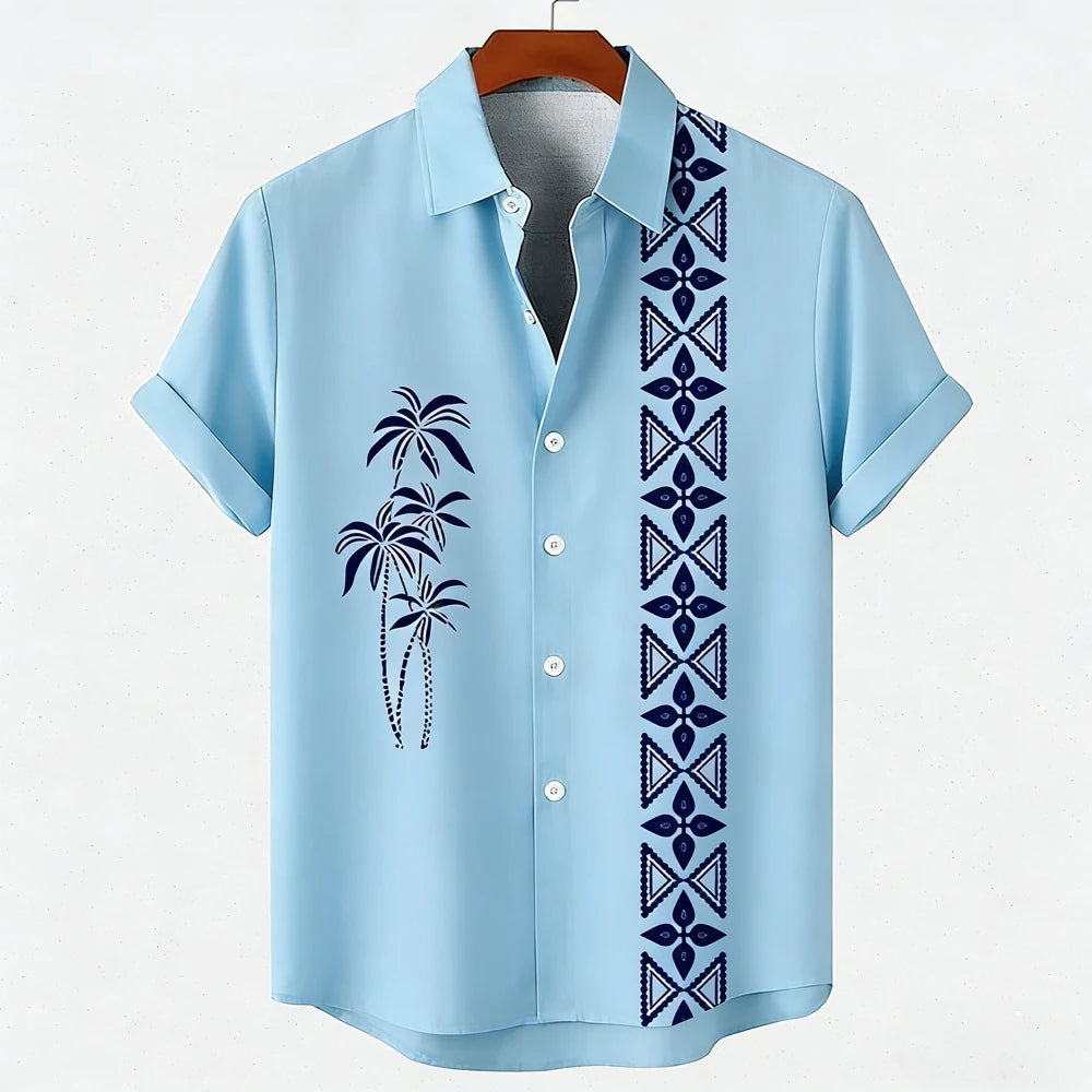 Men's new green linen short-sleeved shirt HD coconut tree pattern 3D printed shirt Hawaiian vacation outdoor social men's wear