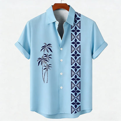Men's new green linen short-sleeved shirt HD coconut tree pattern 3D printed shirt Hawaiian vacation outdoor social men's wear