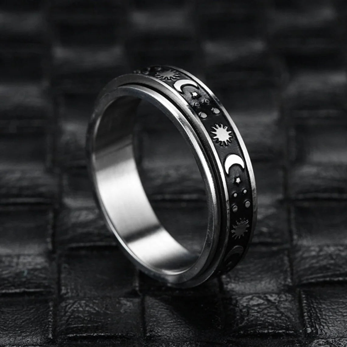 Vintage Stainless Steel Sun Moon Star Rotating Spinning Wedding Promise Anniversary Statement Band Ring Jewelry