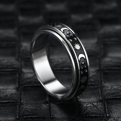 Vintage Stainless Steel Sun Moon Star Rotating Spinning Wedding Promise Anniversary Statement Band Ring Jewelry