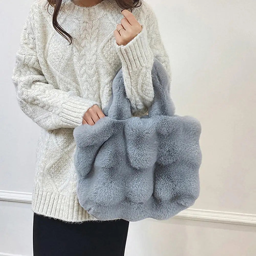 Women Plush Shoulder Bag Fluffy Handbag Large Capacity Casual Commuting Bag Furry Carrying Bag Soft Shopper Bag