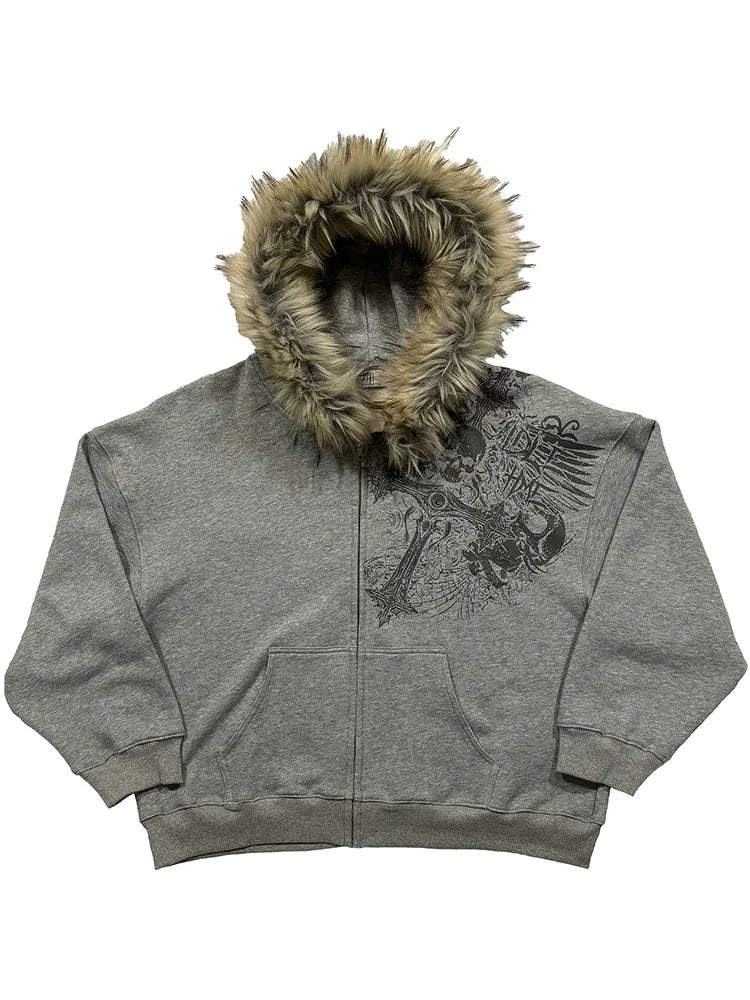 Autumn/Winter Y2k Women Aesthetic Harajuku Faux Fur Collar Hoodies Clothes Graphic Hip Hop Punk Gothic Zip Up Hoodies 2026 new