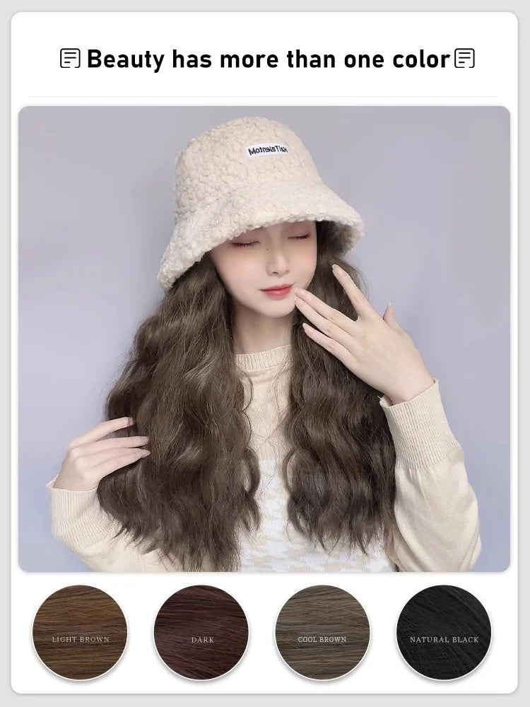 Synthetic 50cm winter cold resistant wig hat with long straight hair and long curly hair black/white hat with lambhair Christmas
