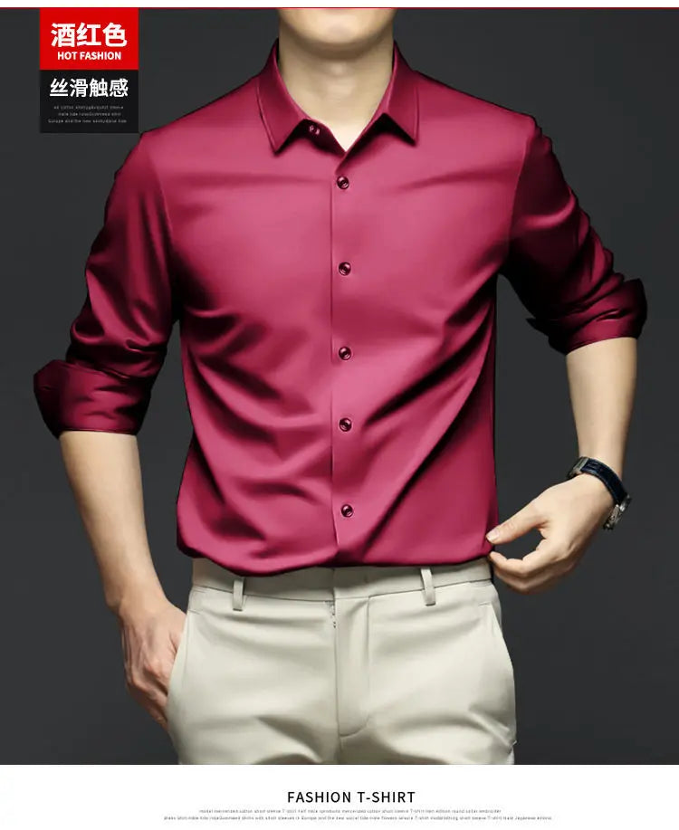 S-6XL Men's Long Sleeve Shirt Luxury Wrinkle Resistant Pure White Shirt Business Dress Casual Ice Silk Glossy Shirt