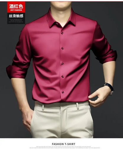 S-6XL Men's Long Sleeve Shirt Luxury Wrinkle Resistant Pure White Shirt Business Dress Casual Ice Silk Glossy Shirt