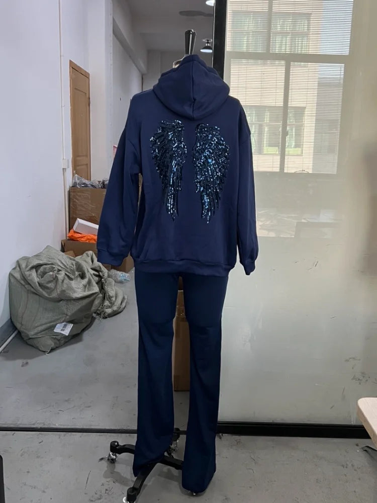 Women's Shinny Sequin Angel Wings Hooded Jacket Pant Long Sleeve Loose Casual Hooded Pullover 2025 New Lady Y2K Autumn Outwears