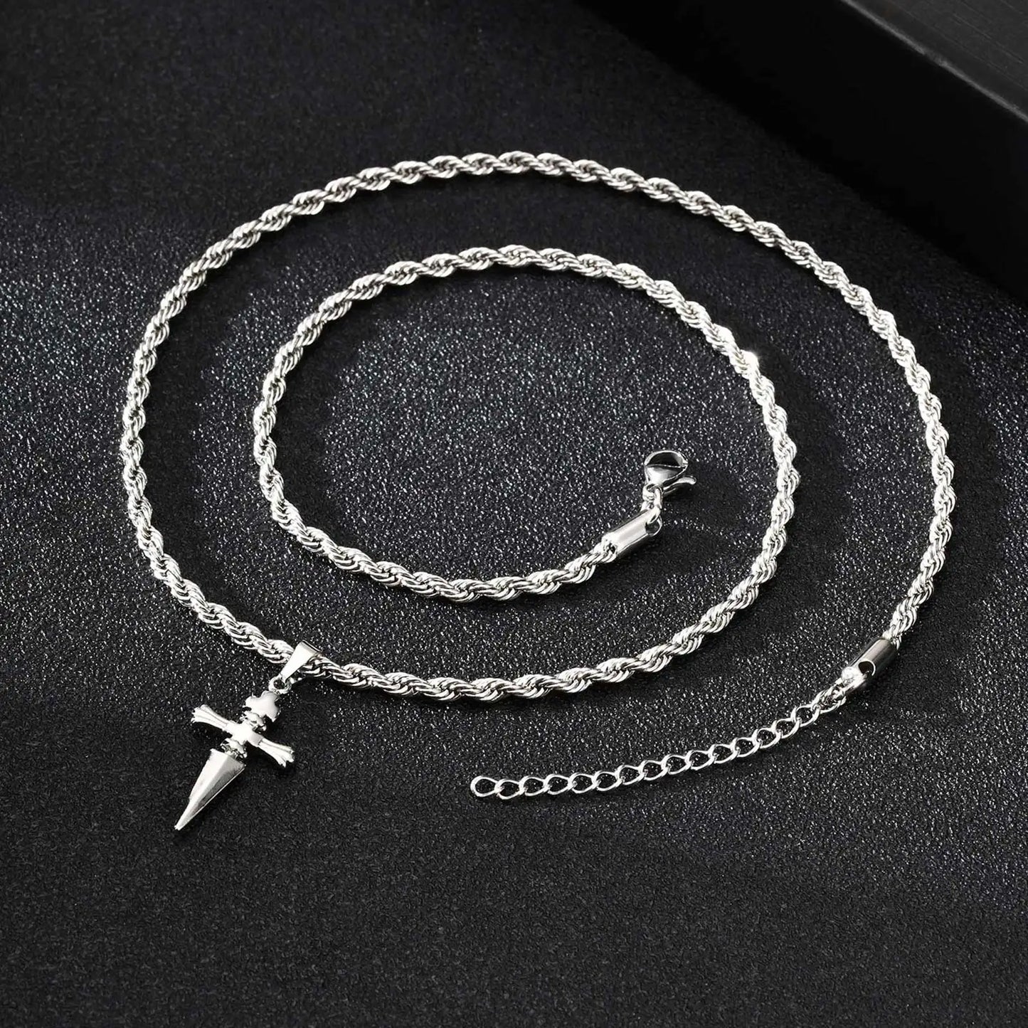 Cool Punk Sword Cross Pendant Necklace for Men Stainless Steel Twist Chain Necklace Fashion Casual Style Jewelry