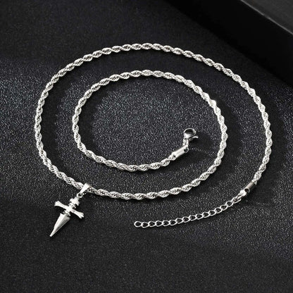 Cool Punk Sword Cross Pendant Necklace for Men Stainless Steel Twist Chain Necklace Fashion Casual Style Jewelry