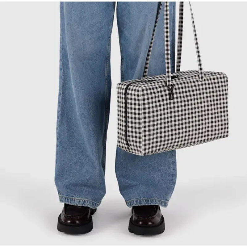 Simple Large-capacity Square Shoulder Bag Fashion Plaid Nylon Handbag Durable Canvas Material Travel Bag Daily Use Storage Bag
