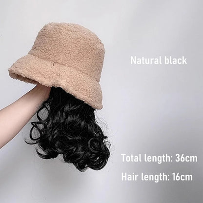 Synthetic 50cm winter cold resistant wig hat with long straight hair and long curly hair black/white hat with lambhair Christmas
