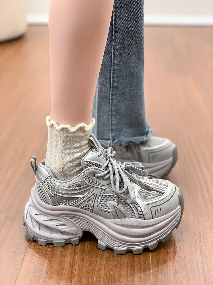 8.5CM Mesh Microfiber Leather Casual Shoes New 2026 Spring Women Chunky Sneakers High Platform Outdoor Sports Dad Shoes Woman