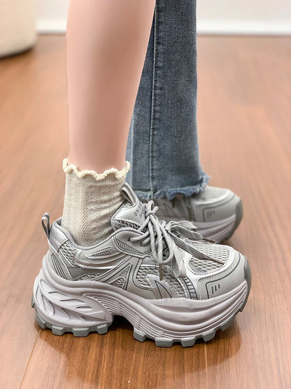 8.5CM Mesh Microfiber Leather Casual Shoes New 2026 Spring Women Chunky Sneakers High Platform Outdoor Sports Dad Shoes Woman