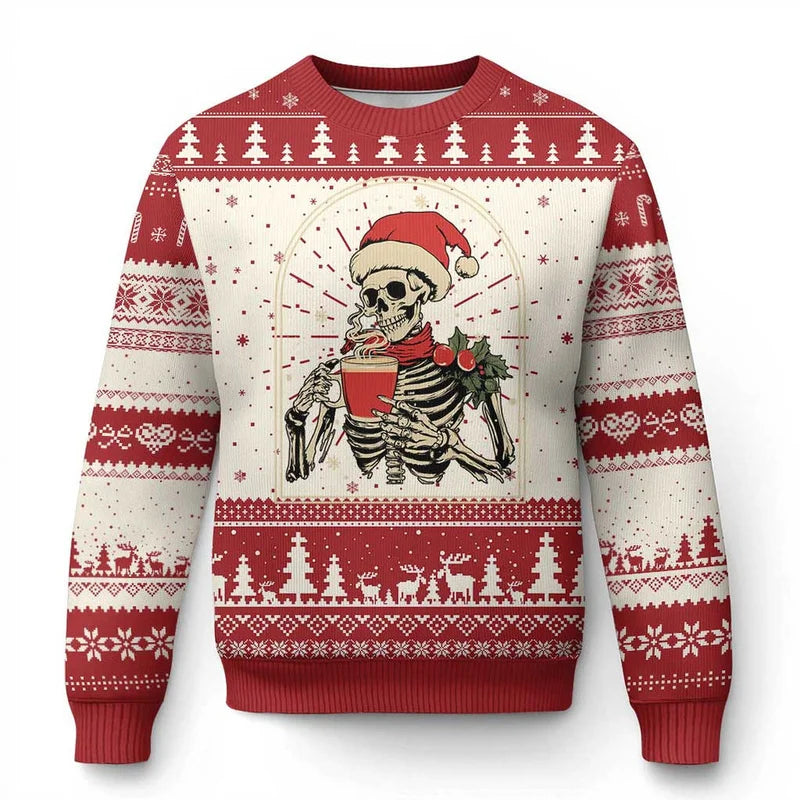 2027 Choose a Darker Holiday Look with an Ugly Christmas Sweater Gothic Skeleton Graphics on Printed Long Sleeve Xmas Sweaters