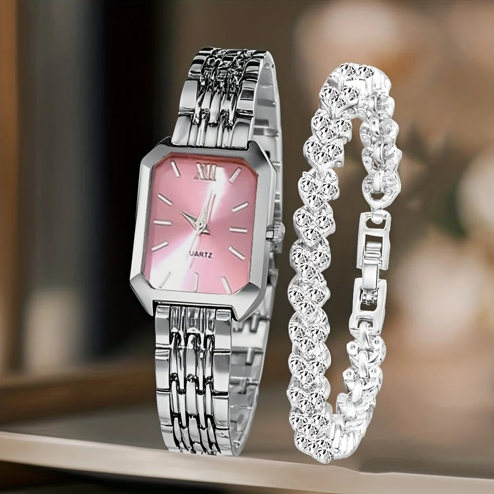 2PCS Fashion Rectangle Women Quartz Watch Rhinestone Bracelet Set Ladies Roma Dial Wristwatch Reloj Mujer Girls Clock Gift