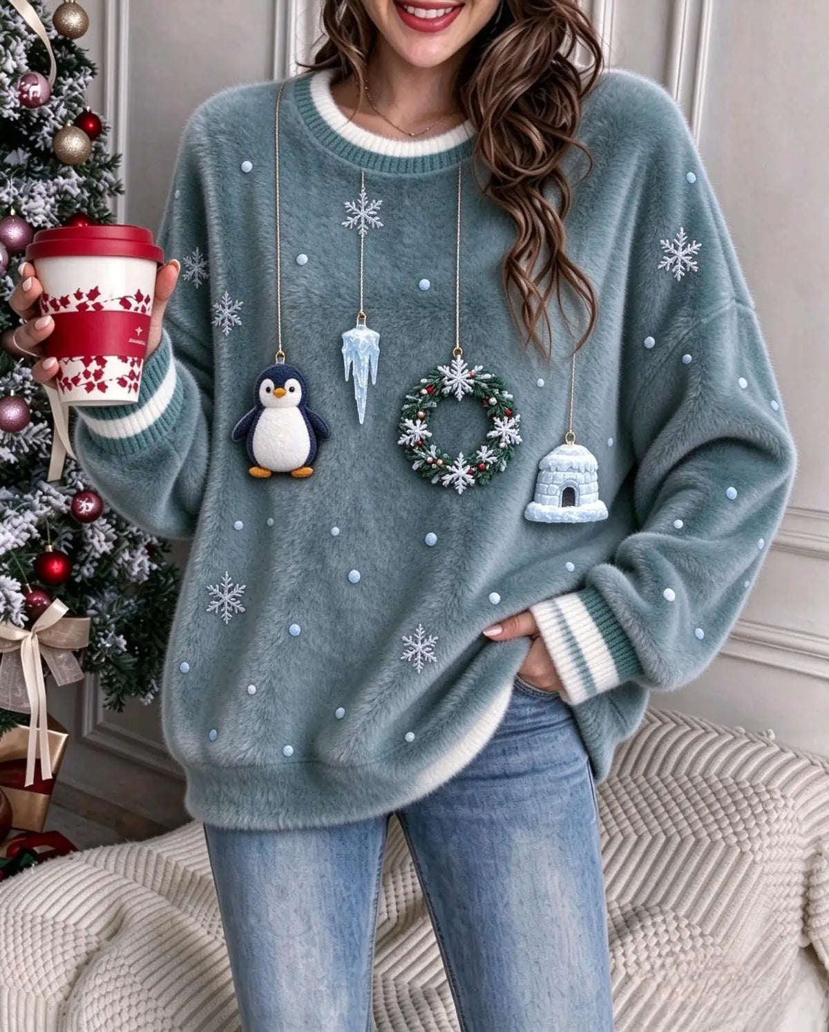 Soft Flannel Christmas Sweatshirt for Women Penguin Nutcracker Ornaments Crew Neck Casual Pullover