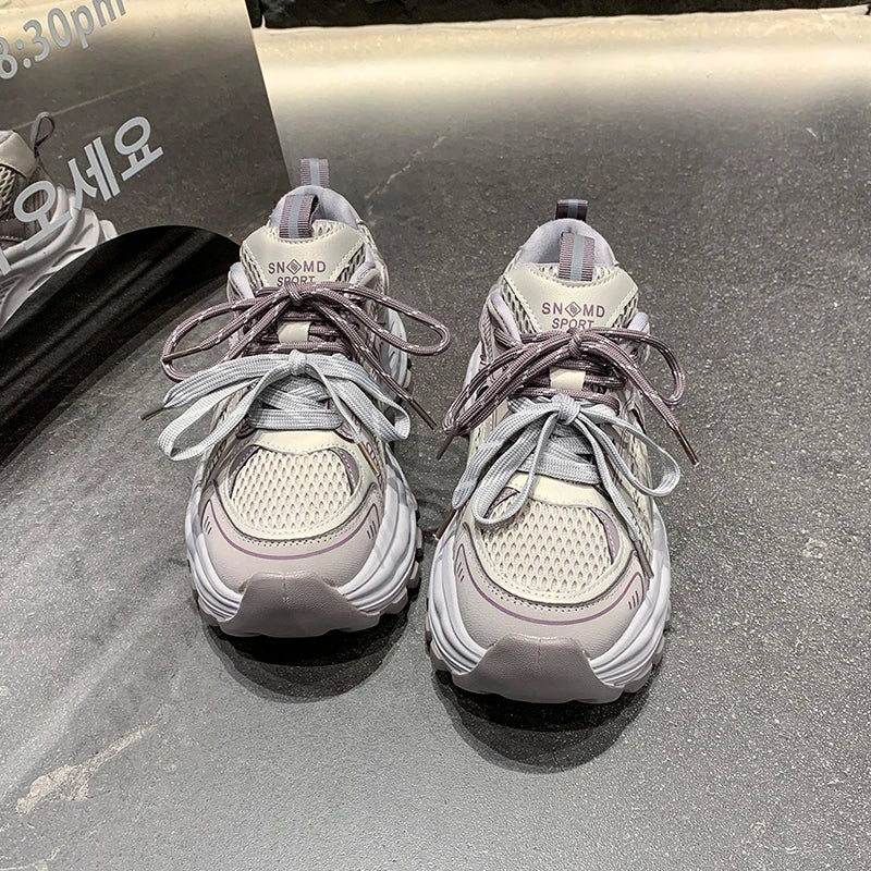 8.5CM Mesh Microfiber Leather Casual Shoes New 2026 Spring Women Chunky Sneakers High Platform Outdoor Sports Dad Shoes Woman