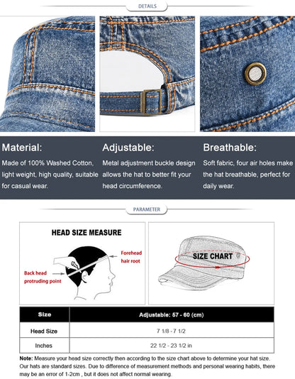 VOBOOM Denim Army Cap Men Washed Cotton Bucket Hat Spring Fall Headpiece Flat Top Adjustable Peaked Visor Hats Trucker Hats