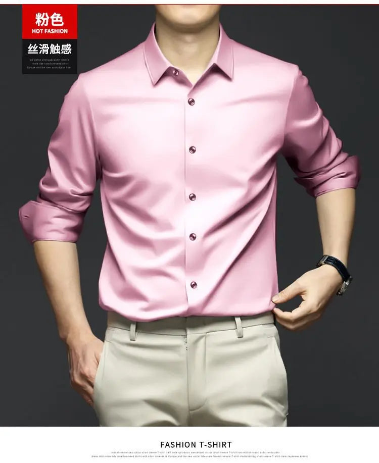 S-6XL Men's Long Sleeve Shirt Luxury Wrinkle Resistant Pure White Shirt Business Dress Casual Ice Silk Glossy Shirt