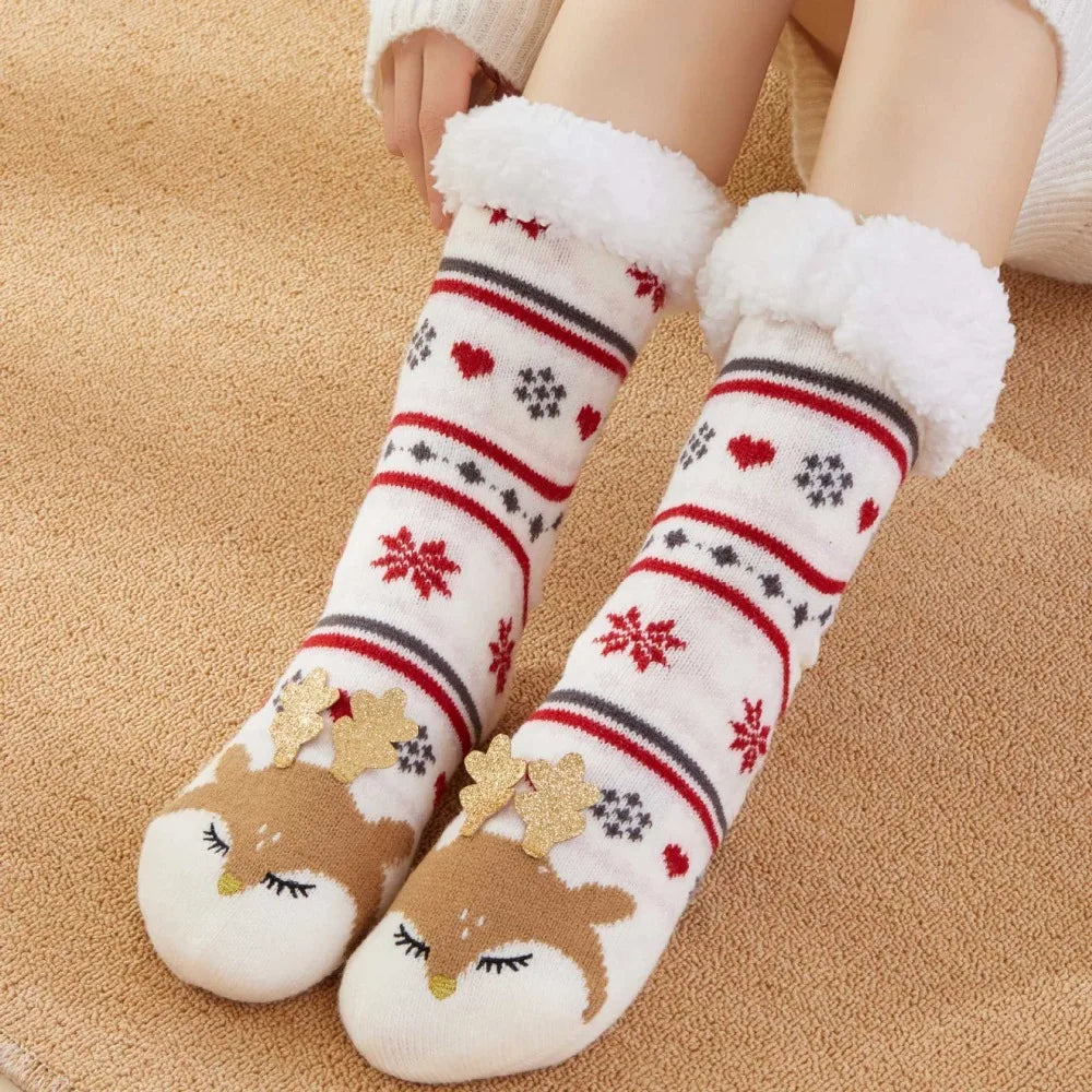 Christmas Fluffy Slipper Socks for Women Cartoon Reindeer Pattern Winter Warm Thick Fleece Lined Non Slip Cosy Long Socks Gift