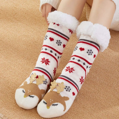 Christmas Fluffy Slipper Socks for Women Cartoon Reindeer Pattern Winter Warm Thick Fleece Lined Non Slip Cosy Long Socks Gift