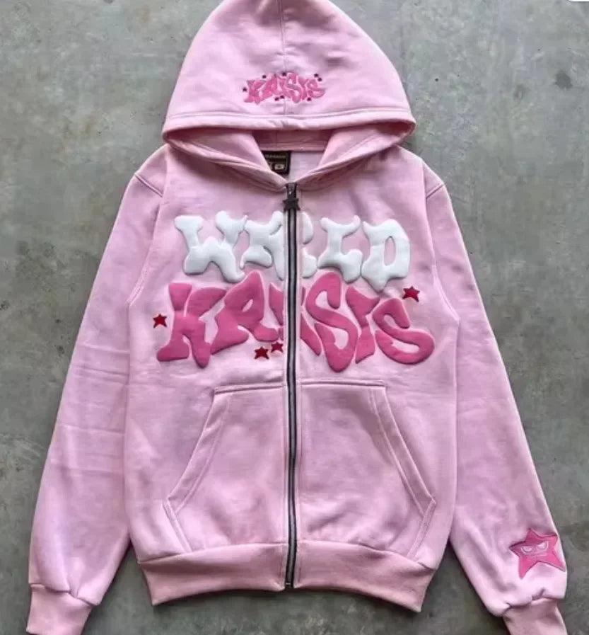 Zipper hooded sweatshirt with retro American letters suitable for men and women wearing Y2K jacket autumn/winter cardigan